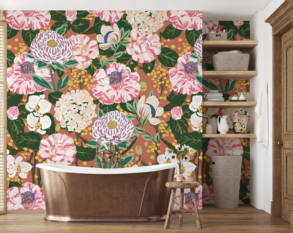 Peppermint Floral Grasscloth Wallpaper